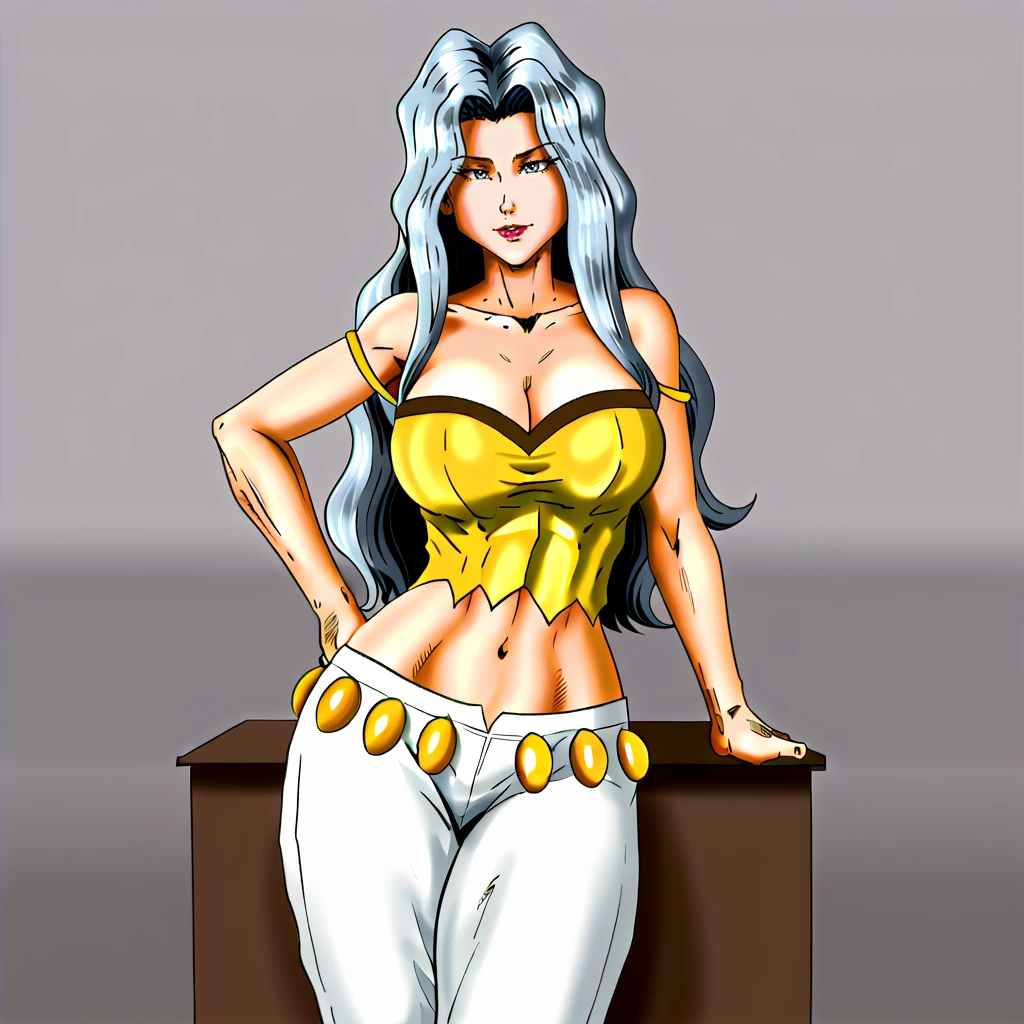 <lora:cesar_pony_v1:1> score_9, cesarbarrerajr93_style, cesarbarrerajr93, source_artwork <lora:karenpokemon_pony_v1:.8> KarenPokemon, 1girl, solo, long hair, white pants, crop top,large breasts, navel, midriff, grey eyes, yellow shirt, grey hair, eyelashes, cleavage, bare shoulders, cowboy shot