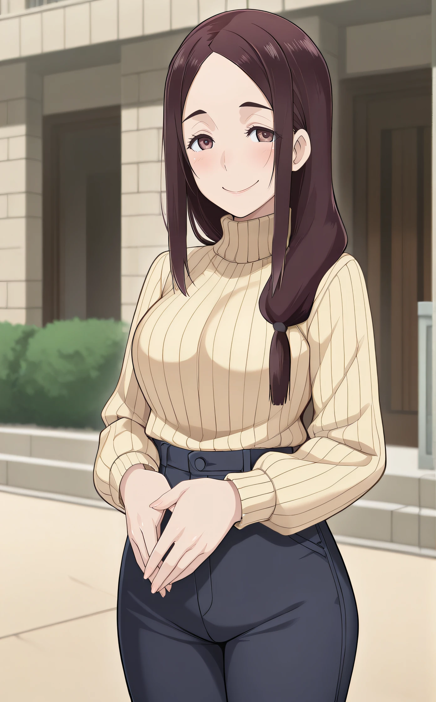 masterpiece, best quality, highres, newest, 1girl, official style, anime screncap, <lora:IL_Hazama_Eri:1>, hazamaeri, hair over shoulder, ribbed yellow sweater, turtleneck, dark blue pants, standing, cowboy shot, smile, own hands together, outdoor