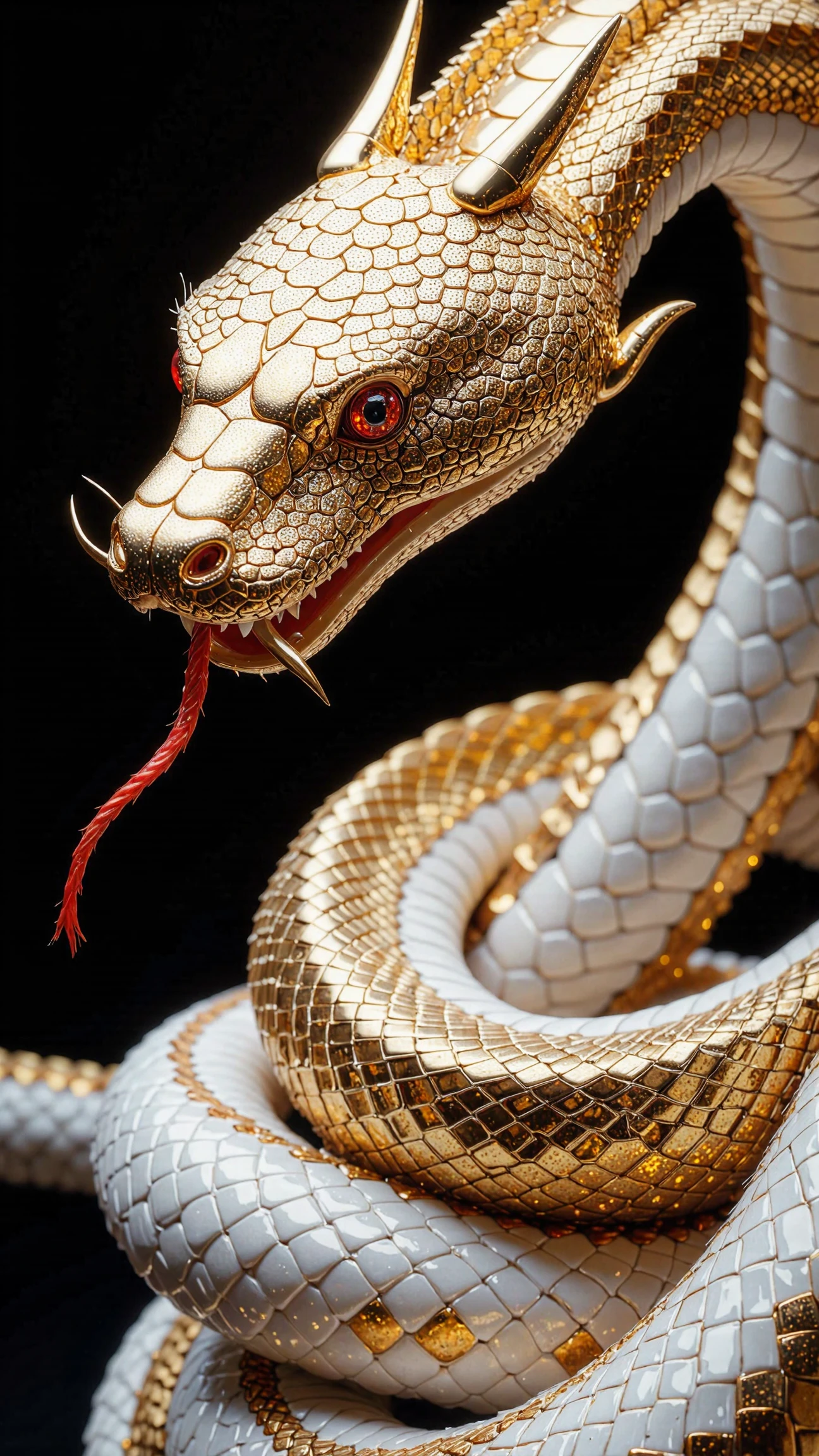 RedCraft. The image is a highly detailed, photorealistic CGI rendering of a strikingly beautiful, coiled snake with intricate, shimmering scales. The snake's body is predominantly white with gold accents, giving it a regal, almost mythical appearance. Its head is adorned with intricate, gold-plated scales that sparkle with a metallic sheen. The snake's eyes are an intense, glowing red, adding a menacing yet captivating quality to its gaze. Its mouth is open, revealing sharp, golden teeth, and a long, red tongue extends from its mouth, curling slightly.