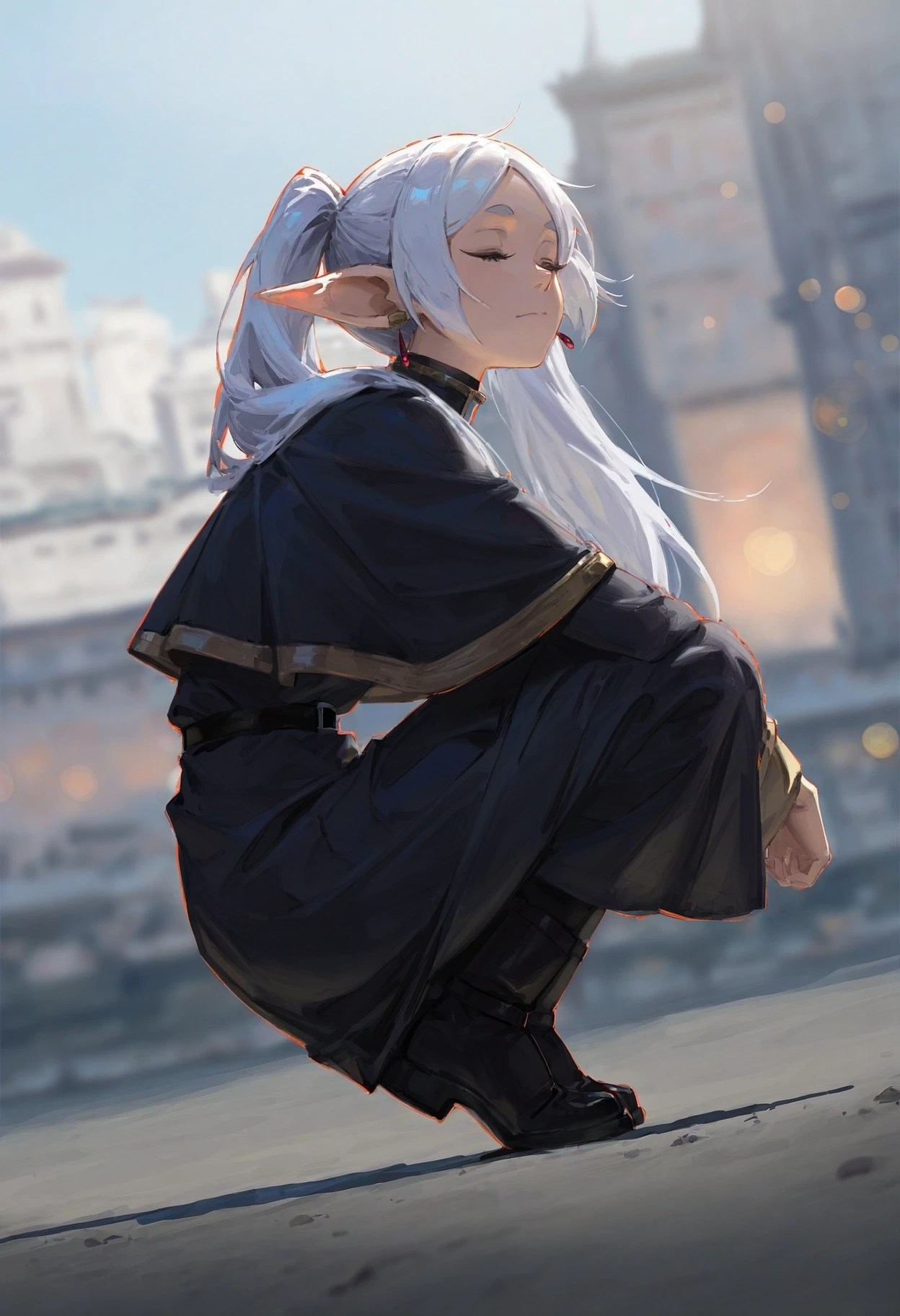 very awa, masterpiece, highres, absurdres,
1girl, architecture, cityscape, frieren, solo, black dress, black capelet, from side, full body, squatting, closed eyes, head tilt,
blurry background, dutch angle, depth of field, bokeh,
<lora:klskx-12:0.9> (klskx:1.1)