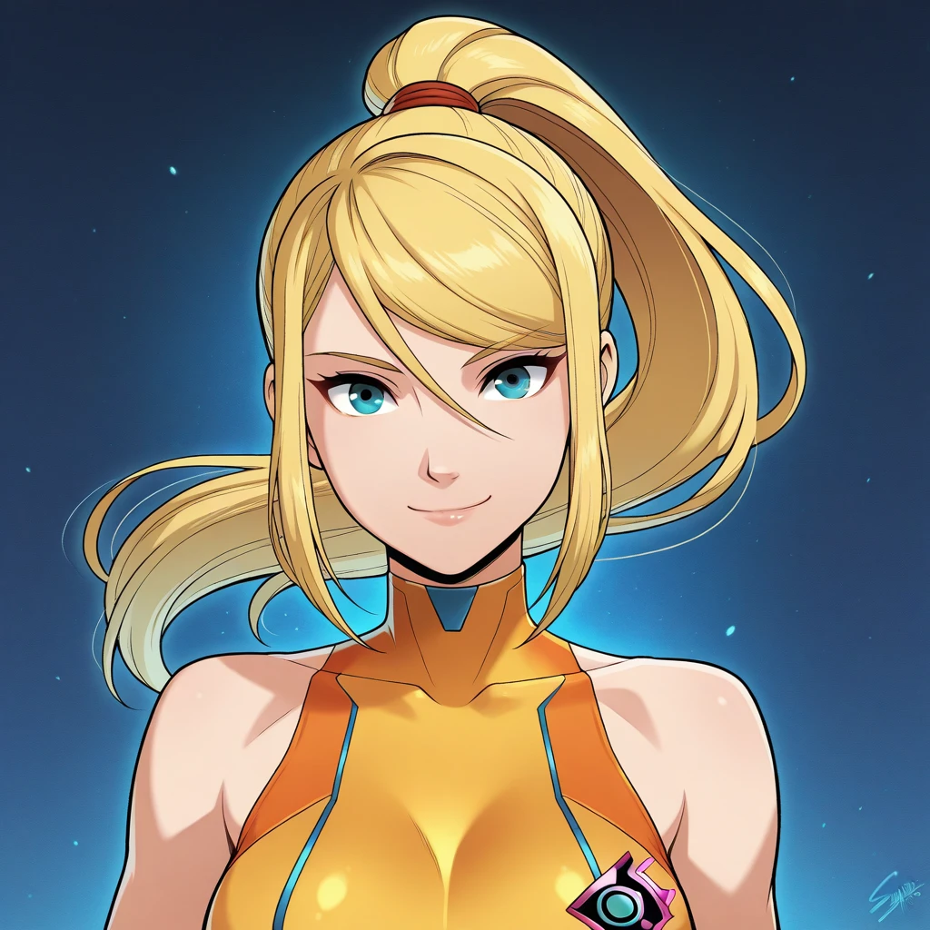 samus, smile, bust, <lora:Gurihiru_Style_Illustrious:1>