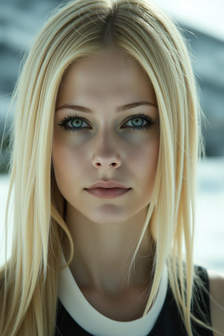 A cyborg blonde woman, in the center of a futuristic background, bathed in soft, even light. Her proportional and detailed face, with piercing eyes, gazes directly at the viewer, exuding an air of mastery. the day time lighting accentuates her striking features. The overall effect is a true masterpiece, boasting best quality visuals that draw the viewer in.