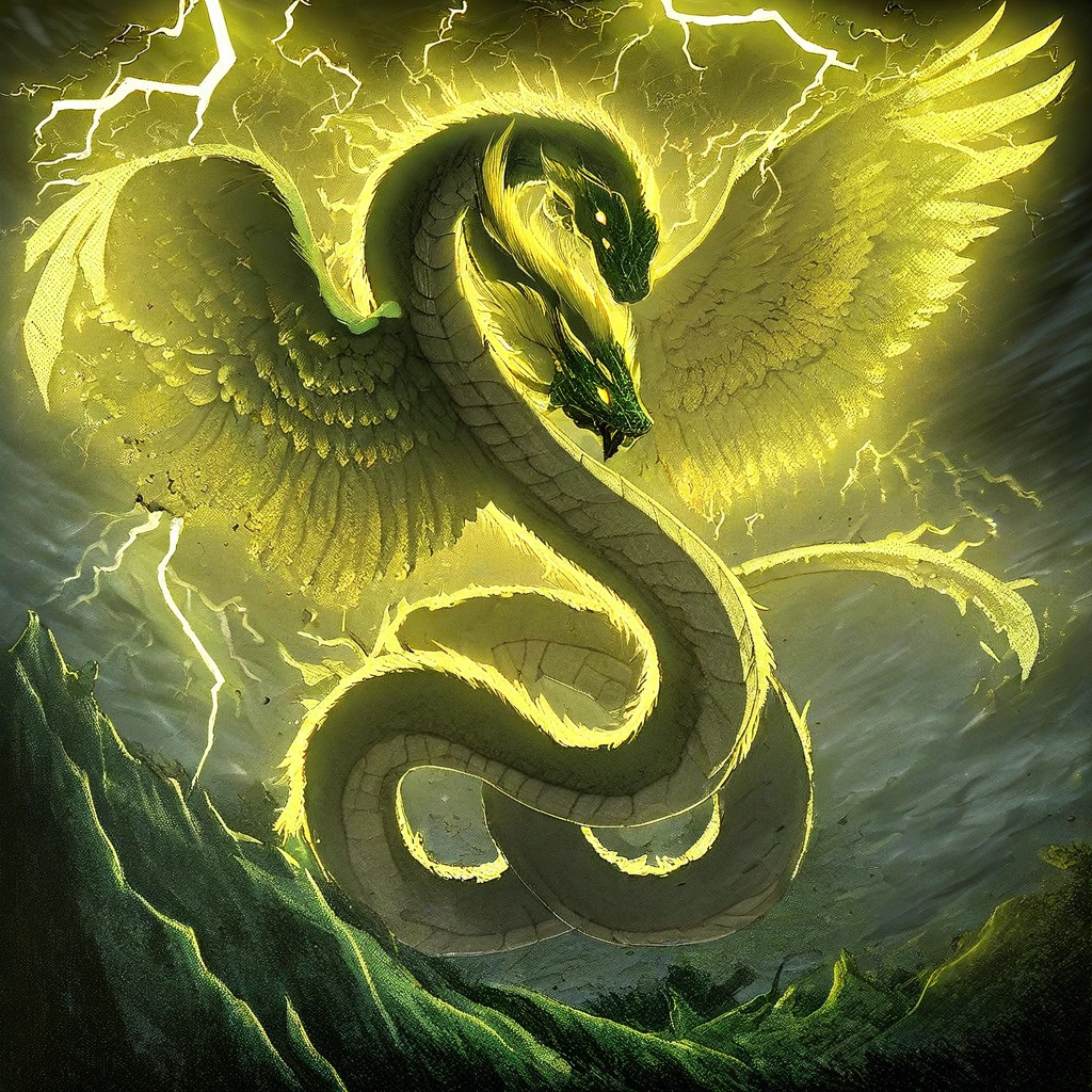 masterpiece, best quality, newest, absurdres, highres, anime, anime style, no humans, monster, Coatl-IL-V1.0, Coatl, snake, serpent, winged snake, winged serpent, wings, feathered wings, feathers, dragon, lightning, thunder, storm