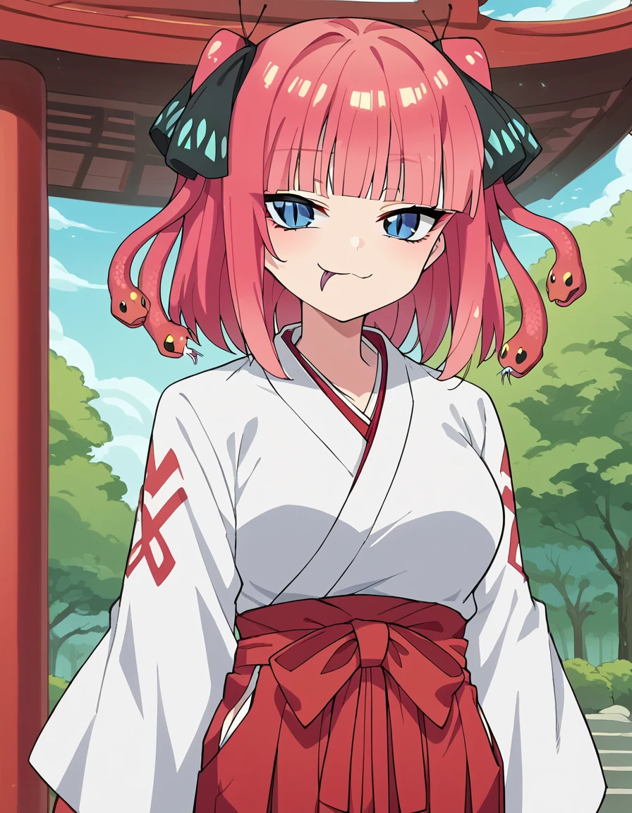 score_9, score_8_up, score_7_up, source_anime, <lora:nnakano-s2-ponyxl-lora-nochekaiser:0.5>, short hair, bangs, blue eyes, hair ornament, hair ribbon, pink hair, blunt bangs, two side up, butterfly hair ornament, large breasts, anime screencap,, <lora:snake-hair-ponyxl-lora-nochekaiser:1> snake hair, monster girl, snake slit pupils, forked tongue,, outdoors, shrine, miko, japanese clothes, kimono, white kimono, hakama, red hakama, hakama skirt, looking at viewer, smile, smug,