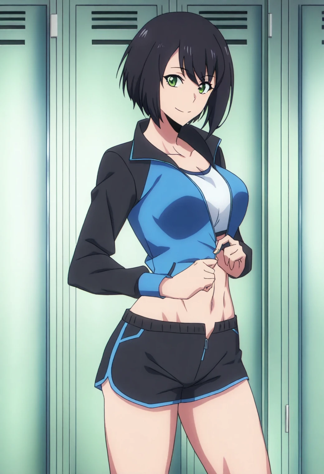 (Top Quality, Masterpiece, 8k:1.2), Ultra Detailed, High Resolution, (Anime:1.3), 1 Girl, Solo, EPsoaSinon, Short Hair, Light Blue Hair, Detailed Jewel Eyes, Hair Between Eyes, (Hair Accessory:1.2), Hair Clip, Side Locks, Medium Breast, ((Sports bra, shorts, room)), dynamic Angle, Cowboy Shot,looking at viewer,