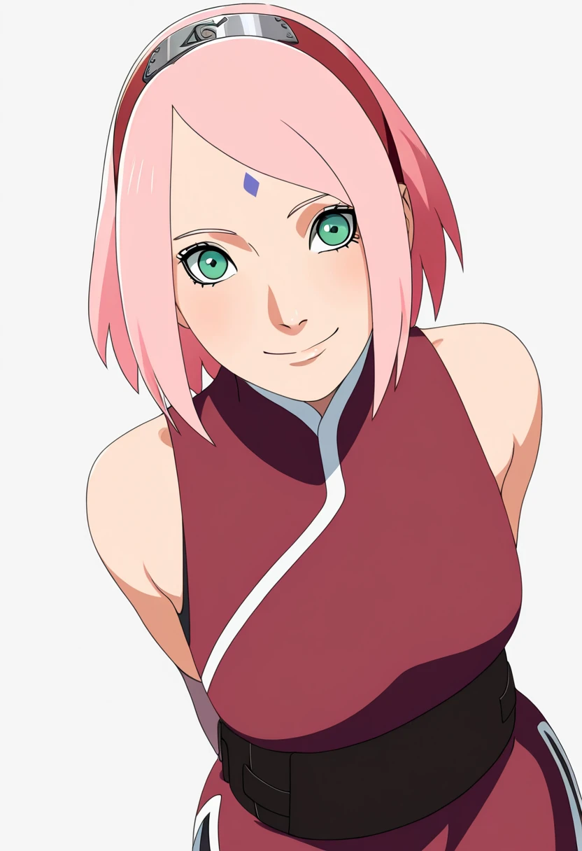 masterpiece, best quality, very aesthetic, absurdres,
1girl, haruno sakura, pink hair, short hair, green eyes, hairband,
forehead mark, sleeveless shirt, bike shorts,
upper body, arms behind back,
smile, solo, looking at viewer, simple background, white background <lora:SakuraTheLastNoobXL_byKonan:1>