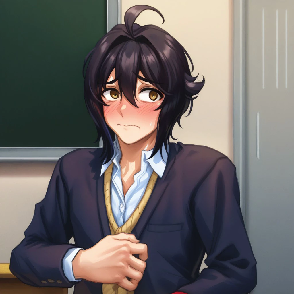 1 boy, dark hair, ahoge, school uniform, shy