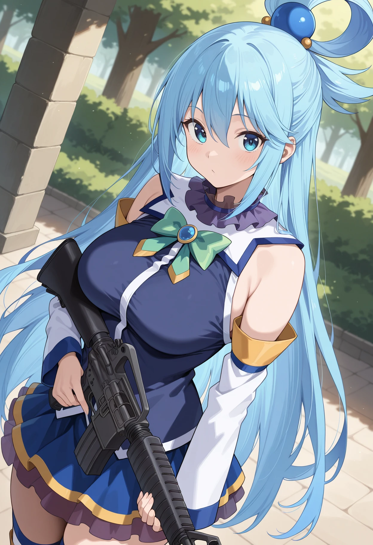 masterpiece, absurdres, highres, newest, 1girl, c-m16, holding m16, aqua \(konosuba\), kono subarashii sekai ni shukufuku wo!, 1girl, blue eyes, hair between eyes, blue hair, long hair, very long hair, hair rings, hair ornament, large breasts, detached sleeves, bare shoulders, looking at viewer, outdoors, depth of field, dutch angle,