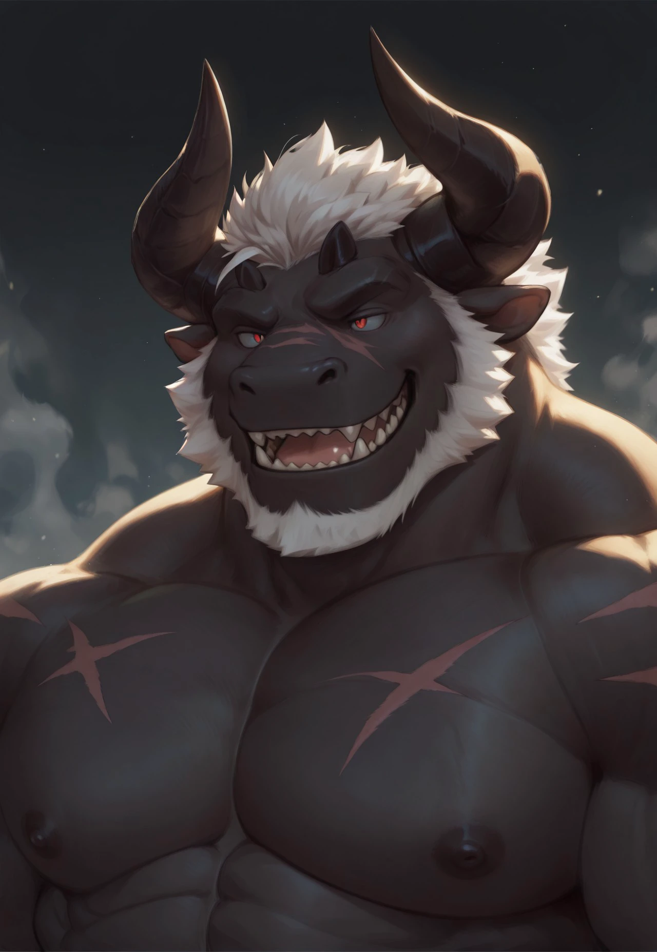 bara wendigo, horns, strong physique, black hair, fur markings, red highlights, huge physique, character design, huge pecs, wearing thong, very muscular, perfect anatomy,nipple piercings, solo, masterpiece, amazing shading, full body, detailed hands, detailed eyes, detailed face, detailed arms,anthro, muscular, abs, (detailed:1.5), male, great muscles, detailed, masterpiece, best quality, 24k