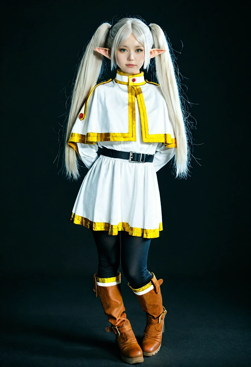 masterpiece,best quality,cosplay photo, movie stills,a asian woman,lisp,nose, looking at viewer, detailed facial features,real face,(sousou no frieren,frieren:0.8),photo,black leggings,boots,elf,full body,gold trim,green eyes,leggings,long hair,pointy ears, white capelet, long sleeves,solo,twintails,white hair, looking at viewer and facing viewer , standing,full body,arms behind back,
soft lighting,high contrast, film grain, Rim Lighting,photography shot with Canon EOS 5D Mark IV,(skin texture),(black background, simple background),<lora:cosplay photo-noob-V2:0.7> <lora:realistic-Illustrious-V1:0.55> <lora:noob-skin texture-V1.1:0.5>