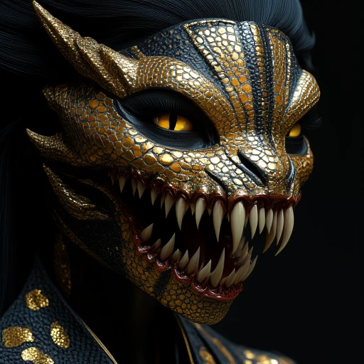 This image is a highly detailed, CGI-rendered depiction of a fantastical, humanoid creature. The creature's face is prominently displayed, showcasing a striking, snake appearance with intricate, golden scales covering its skin. The snake scales are arranged in a pattern that mimics the texture and appearance of a snake's hide, with a mix of gold and darker, almost black tones that create a dramatic contrast. The creature's eyes are piercing yellow, giving an intense, almost predatory stare. Its mouth is wide open, revealing a set of sharp, white, pointed teeth with fangs, some of which are elongated and curved, adding to the menacing appearance.