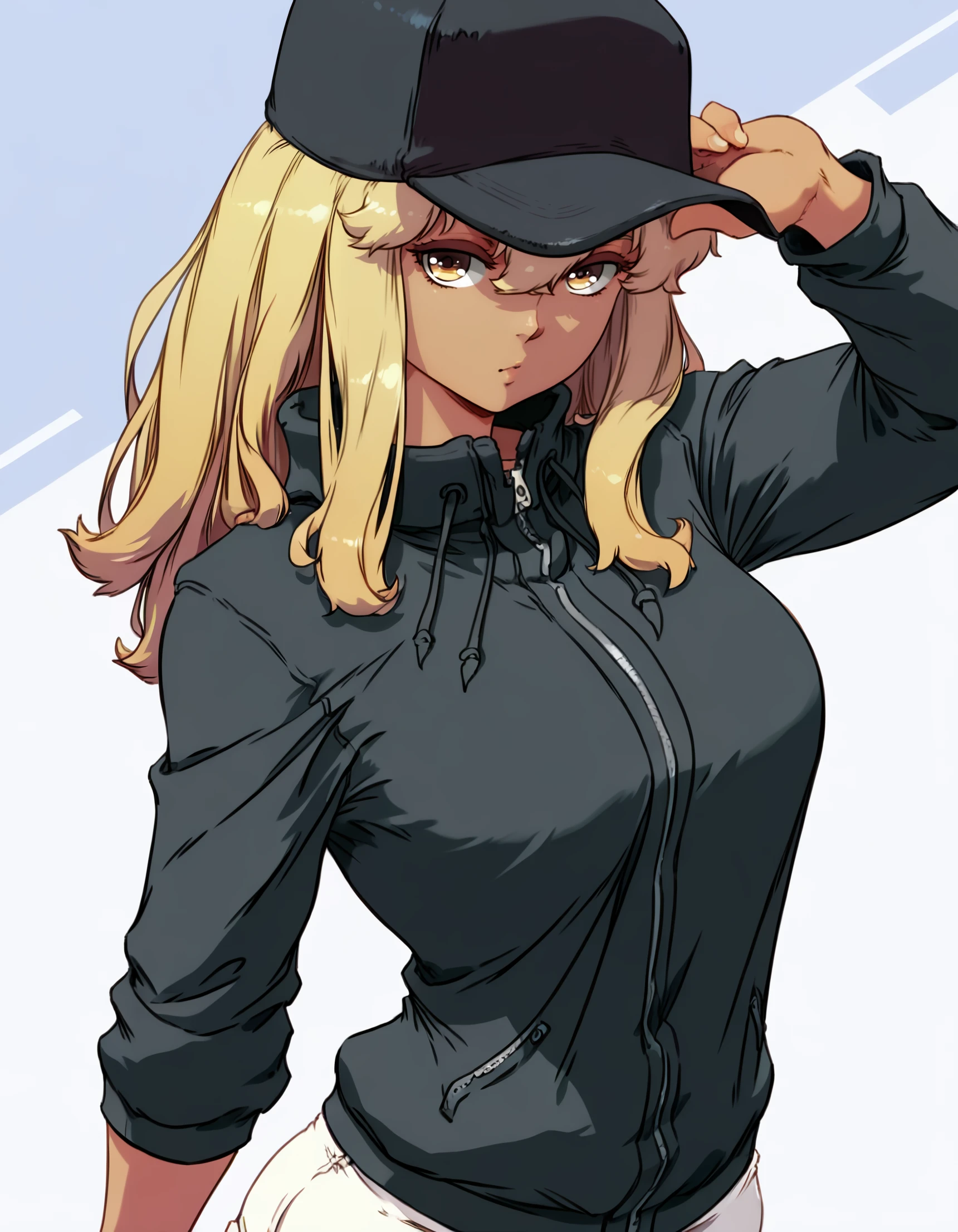 <lora:kana_higa_IL:1> rating:safe, kana_higa, long_hair, blonde_hair, yellow_eyes, brown_eyes, dark-skinned_female, baseball_cap, black_jacket, zipper, white_shorts, short_shorts, 1girl, breasts, dreadlocks, looking_at_viewer, makeup, medium_breasts, red_lips, solo, upper_body, usekh_collar,,(cutesexyrobutts), (1970s_\(style\)),, masterpiece, detailed, best_quality