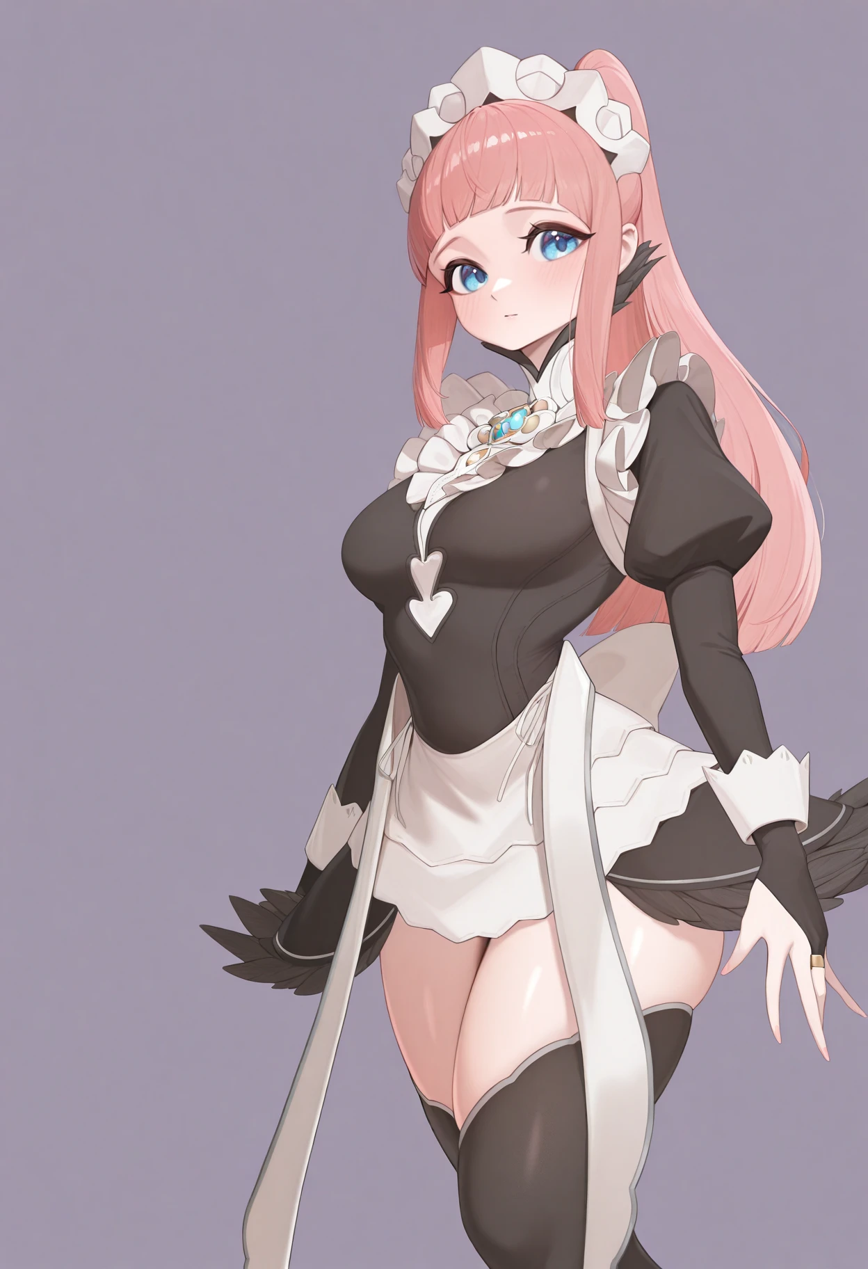 masterpiece, best quality, absurdres, highres, newest, 1girl, solo, <lora:yabby-artist-richy-v1_ixl:1> <lora:felicia-fe-richy-v1_ixl:1> f1cdf, blue eyes, pink hair, long hair, ponytail, sidelocks, blunt bangs, maid headdress, black feathered collar, blue brooch, medium breasts, maid, juliet sleeves, maid apron, bridal gauntlets, black thighhighs, thighs, looking at viewer, simple background,