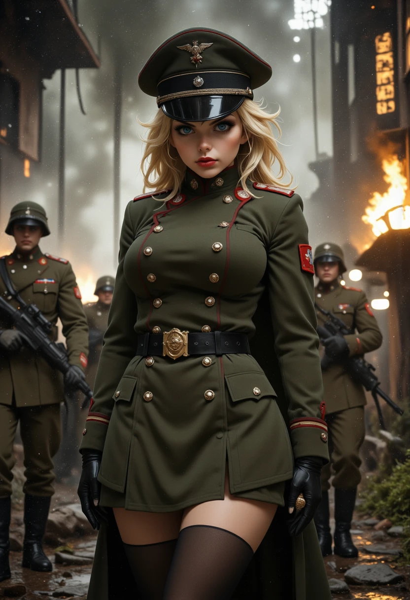 She is approximatley 18 years old, Full body view,dynamic angles, petite body, photoshoot poses, she has an evil smile, She has blonde hair, A photo of T@nya_TE a young woman,is dressed in a military uniform, black thigh highs, and black boots, with a hat and a tie. She is looking at the camera. The photo is in a black and white style, giving it a vintage feel. she is wearing a green jacket and a red tie, which adds a pop of color to the image. The background is blurred, focusing the viewer's attention on her uniform. She is holding a vintage ww2 handgun, She is leading german soldiers into a battle, she is shooting at enemy soldiers. she is looking directly at the camera with a evil expression on her face. The overall mood of the image is intense and dramatic,RAW candid cinema,16mm,color graded portra 400 film,remarkable color,ultra realistic,textured skin,remarkable detailed pupils,realistic dull skin noise,visible skin detail,skin fuzz,dry skin,shot with cinematic camera,detailed skin texture,(blush:0.2),(goosebumps:0.3),subsurface scattering,beautiful photograph in the style of Augustus John,Sergio Toppi,Virginia Frances Sterrett,8k HD,detailed skin texture,ultra realistic,textured skin,analog raw photo,cinematic grain,whimsical.Detailed hand,Perfect hand,aidmareduxstyle, aidmafluxpro1.1,Niji style