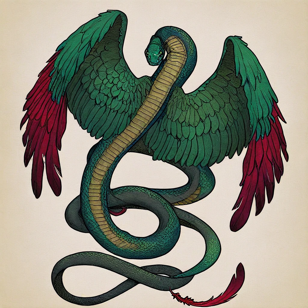 masterpiece, best quality, newest, absurdres, highres, anime, anime style, no humans, monster, Coatl-IL-V1.0, Coatl, snake, serpent, winged snake, winged serpent, wings, feathered wings, feathers, green snake, green scales, red feathers, red wings