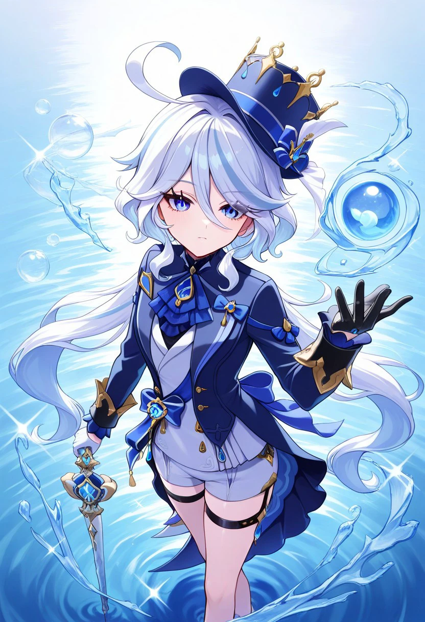 masterpiece, best quality,
furinagen, 1girl solo, blue eyes, long hair, bangs, hair between eyes, multicolored hair, two-tone hair, streaked hair, white hair, light blue hair, ahoge, hat, top hat, hat bow, blue bow, blue headwear, tilted headwear, ascot, blue ascot, jewelry, brooch, shirt, grey shirt, coat, blue coat, long sleeves, open coat, open clothes, gloves, half gloves, white gloves, black gloves, ribbon, blue ribbon, frills, vision (genshin impact), shorts, short shorts, grey shorts, gemstone, blue gemstone, thigh strap, cane, holding cane, magic, water, spell, bubbles