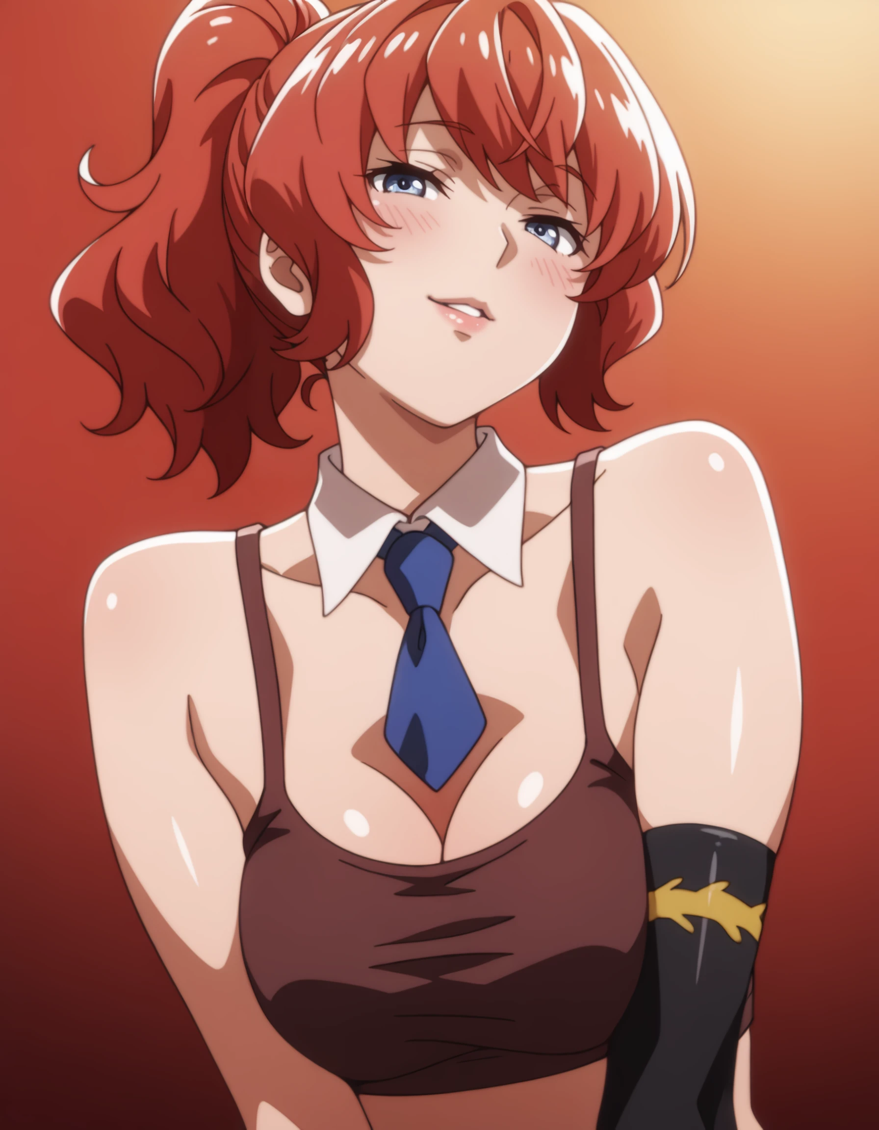 sexy, NFSW, white skin, anime woman, happy, glowing green eyes, extremely short glowing orange hair, wearing a suit