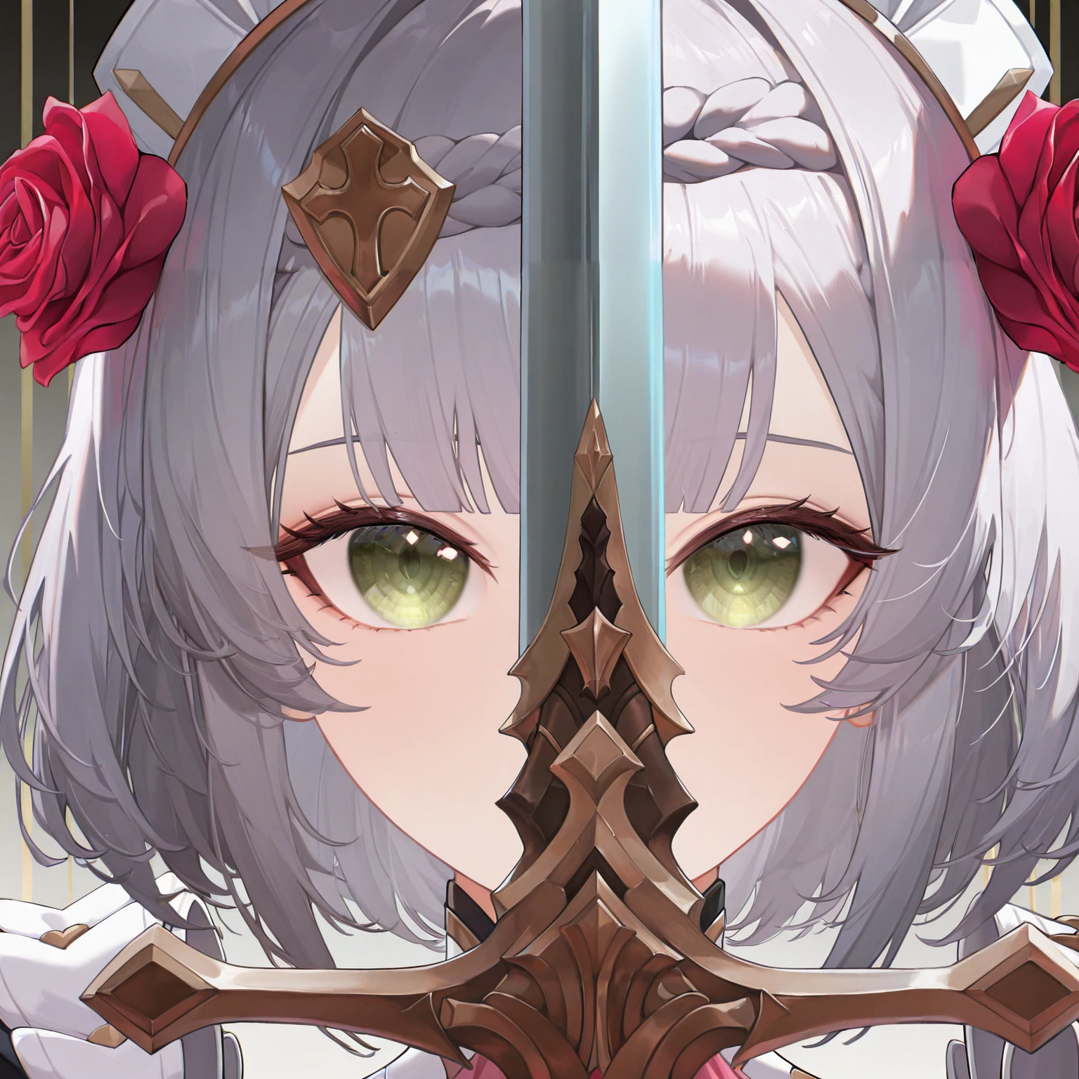 masterpiece, best quality, absurdres, highres, newest, 1girl, solo, <lora:swordsalute-pose-richy-v1_ixl:1>swordup, looking at viewer, close-up, holding sword, <lora:noelle-gi-richy-v1_ixl:1> nldf, green eyes, grey hair, short hair, braid, blunt bangs, hair ornament, maid headdress, hair flower, red rose, pink ascot, breastplate, breasts