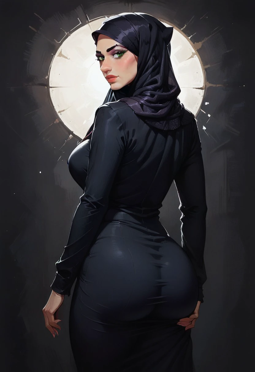 score_9, score_8_up, by beksinski style and ajanicki and deodato, dark background, masterpiece, high quality, (((half-length))), 1girl, habiba, beautiful,, ((presenting ass)), ,curvy, green eyes, hijab, tight black abaya dress, sexy pose, kohl, eyeshadow, interesting composition, volumetric lighting, cinematic lighting,