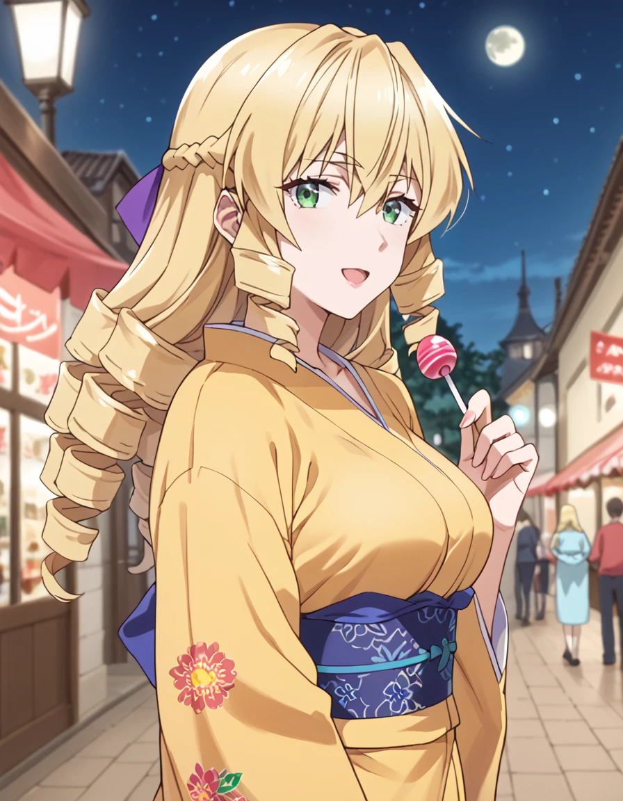 score_9, score_8_up, score_7_up, source_anime, depth of field, absurdes, BREAK
1girl, looking at viewer, happy, open mouth, blurry background, crowd, pov, from side, from behind, night, moon, stars,
grace auvergne (akuyaku reijou tensei ojisan), long hair, blonde hair, drill hair, braid, hair ribbon, hair between eyes, green eyes,
yellow kimono, wide sleeves, long sleeves, obi, sash, floral print, dark, night, market stall, large breasts, collarbone, holding lollipop,
<lora:grace_auvergne-akuyaku_reijou_tensei_ojisan_s1_v2-anime-soralz:1> <lora:colorkimonoPony:1.1>