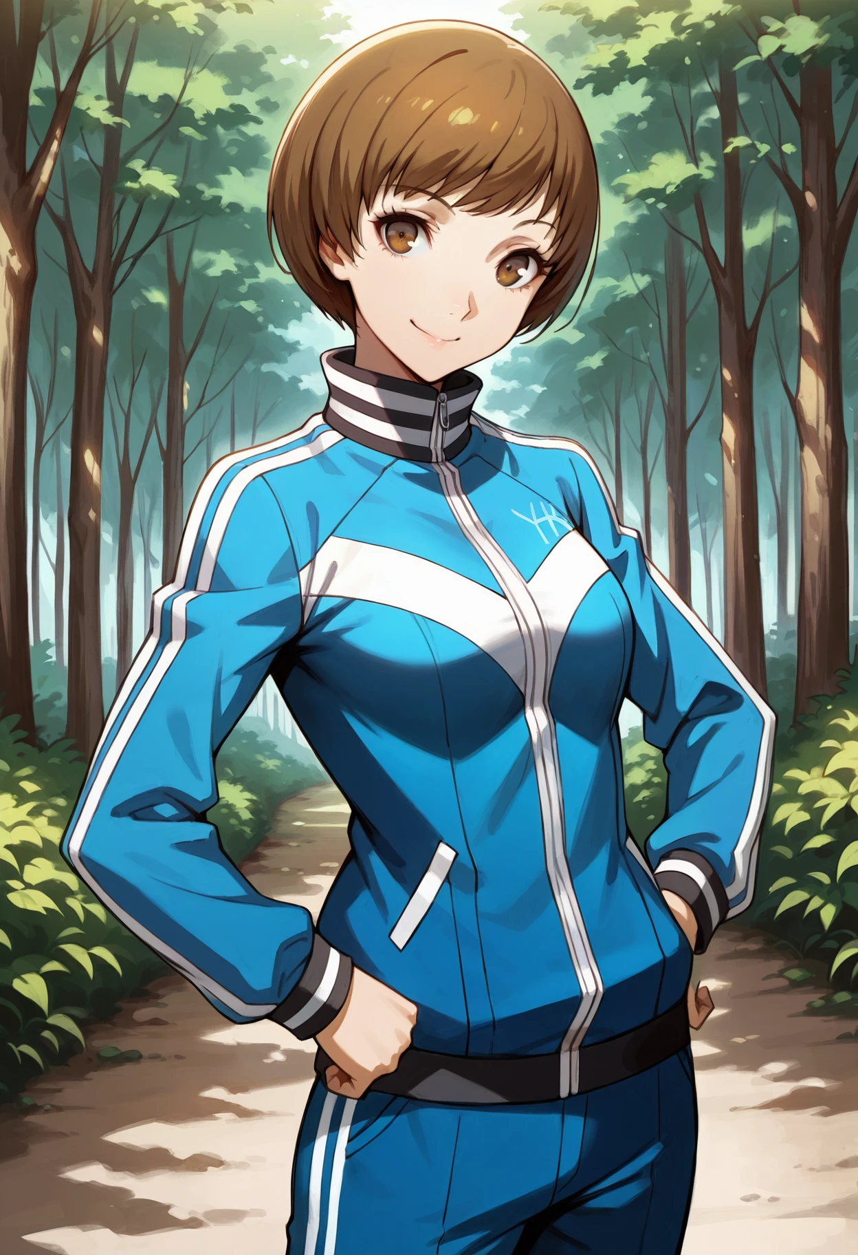 (masterwork, masterpiece, best quality, hyper-detailed :1.2),
1 girl, solo, cute face,
p4chie, satonaka chie, short hair, brown hair
p4chie-track, long sleeves, track jacket, track suit, track pants, striped collar, striped sleeves, zipper, yh,
outdoors, forest, looking at viewer, smiling, hand on hip,