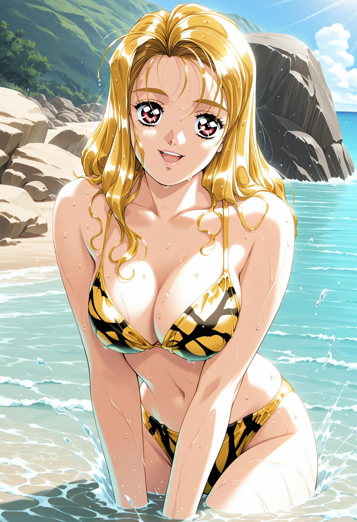 (masterpiece, 4K, highest quality, anime style: 1.9, Detailed face, Lovely, Ocean,Bold Line, High resolution, anime, Lake 4. alone, Curvaceous, smile, Please open your mouth wide, Very slim belly, Cowboy Shot,Leopard print bikini,1 girl、Mano Sakuragi