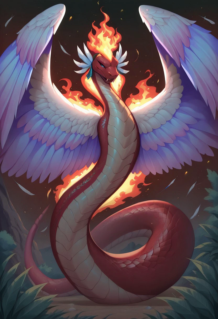 masterpiece, best quality, newest, absurdres, highres, anime, anime style, vintage anime, 90s anime, Coatl-IL-V1.0, Coatl, snake, serpent, winged snake, winged serpent, wings, feathered wings, feathers, fire, fire breath, red serpent, red scales, white feather