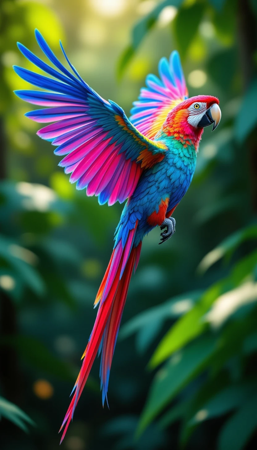 pinkfluxproultrafantasia,
A vibrant parrot with multicolored feathers that shimmer like prisms in sunlight, flying through a lush rainforest.