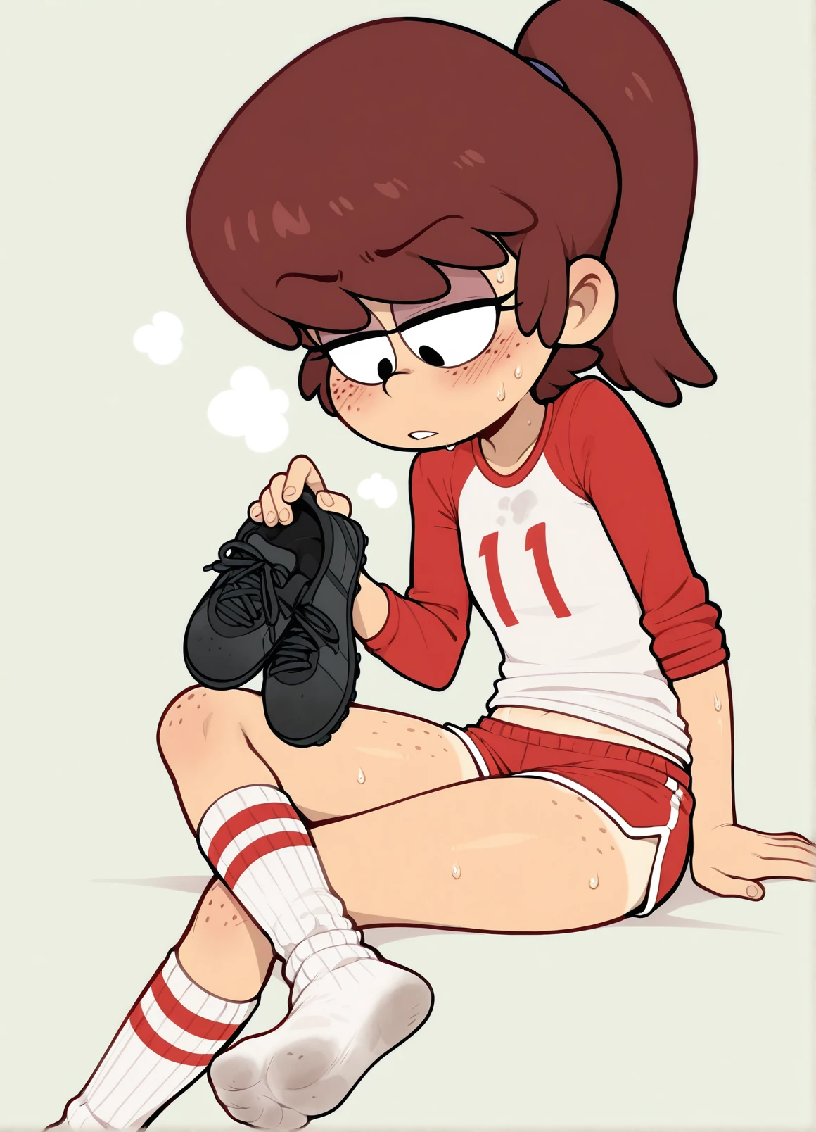 score_9, score_8_up, solo, mobian, hedgehog, two-tone fur ((orange fur, brown fur)), pyjama elastic shorts, strapless crop top, cleavage, high-top sneakers, two-tone hair (brown hair, black tip)), curly hair, halo, sunglasses, jewelry, red eyes, longeyelashes, red eyes, smile, shy, blush