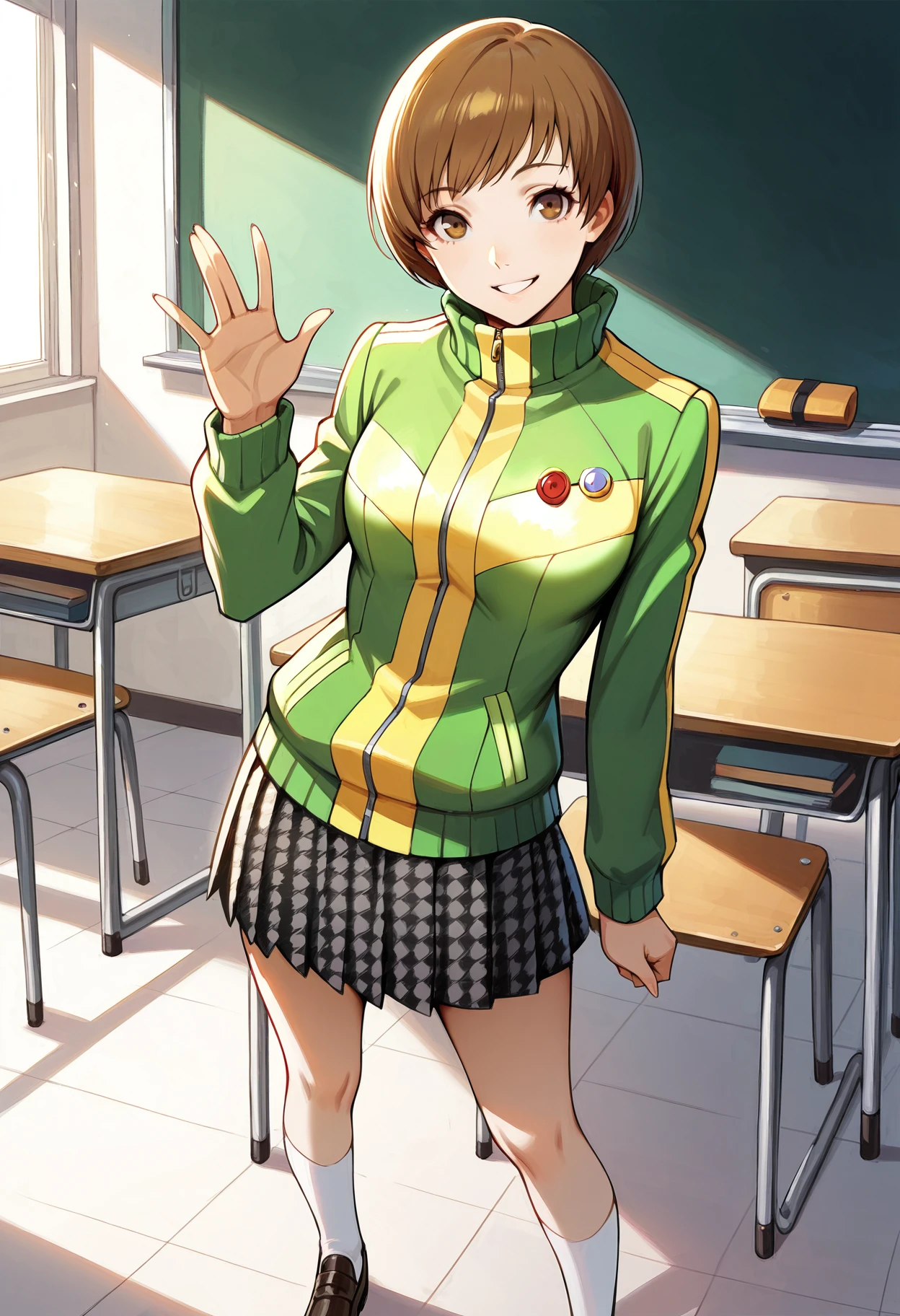 (masterwork, masterpiece, best quality, hyper-detailed :1.2),
1 girl, solo, cute face,
p4chie, satonaka chie, short hair, brown hair
p4chie-winuni, school uniform, yasogami school uniform, green jacket, zipper, button badges, pleated skirt, houndstooth skirt, socks, loafers,
classroom, standing, looking at viewer, smile, teeth, waving
