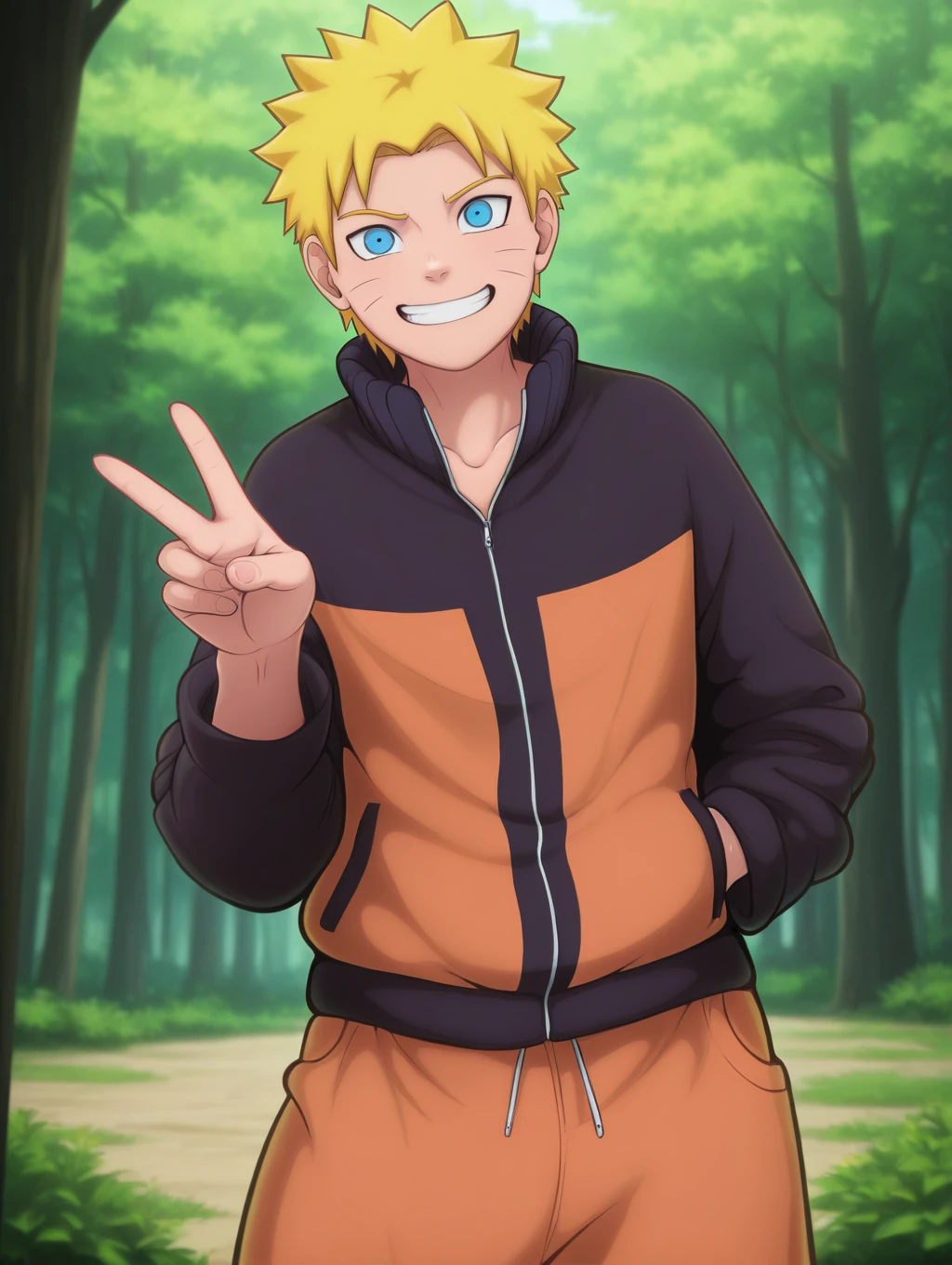 <lora:kasurnica_epoch_20:1> , kasurnica, masterpiece, best quality, high quality, absurdres, highres, incredibly absurdres, amazing quality,
1boy, solo, shiny skin, looking at viewer, smile, straight-on, portrait,
uzumaki naruto, blonde hair, jacket, track jacket, pants, orange pants, baggy pants,
collarbone,
standing, v, hand in pocket, forest, outdoors,