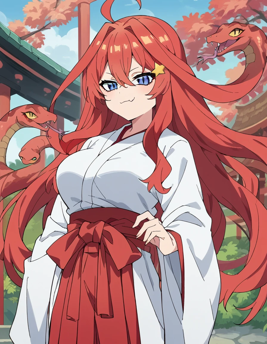 score_9, score_8_up, score_7_up, source_anime, <lora:itsuki-nakano-honeymoon-ponyxl-lora-nochekaiser:0.5>, itsuki nakano, long hair, bangs, blue eyes, hair ornament, hair between eyes, very long hair, ahoge, red hair, star (symbol), star hair ornament, large breasts, anime screencap, <lora:snake-hair-ponyxl-lora-nochekaiser:1> snake hair, monster girl, snake slit pupils, forked tongue,, outdoors, shrine, miko, japanese clothes, kimono, white kimono, hakama, red hakama, hakama skirt, looking at viewer, smile, smug,