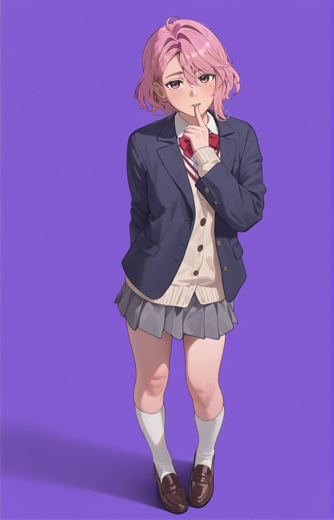 perfect quality,high quality,masterpiece,best quality,amazing quality,very aesthetic,absurdres,newest,
front view,full_shot,Mischief,
<lora:ShiratoriAiraCYQL:1>,ShiratoriAiraCYQL,1girl,solo,short hair,pink hair,pink eyes,school uniform,blazer,jacket,bowtie,red bowtie,long sleeves,miniskirt,grey skirt,kneehighs,white socks,loafers,brown footwear,
full body,standing,finger_biting,,
violet background,simple background,
<lora:spo_sdxl_10ep_4k-data_lora_webui>,<lora:NOOB_EPSv1_1_detailer_by_vlnvk_v1_0>,<lora:shiej007>,,