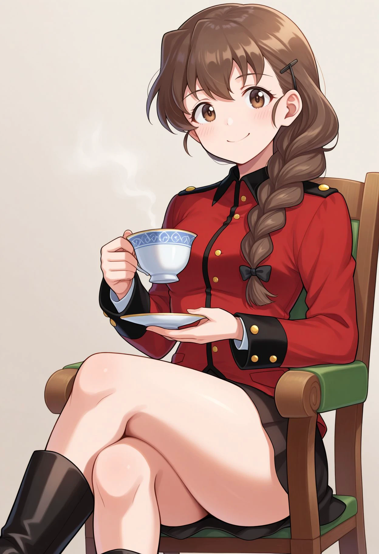 masterpiece, best quality,
<lora:Rukuriri illu:0.7>, (simple background:1.1), looking at viewer, drinking tea , holding cup, sitting, chair, teacup, indoor, fancy room, , indoors, on chair, sitting, crossed legs, hold, teacup, single braid, long sleeves, hair over shoulder, brown eyes, long hair, bangs, 1girl, blush, braided ponytail, hairclip, hair ribbon, st. gloriana's military uniform,epaulettes,red jacket,long sleeves,skirt,black skirt,boots,black footwear, smile,