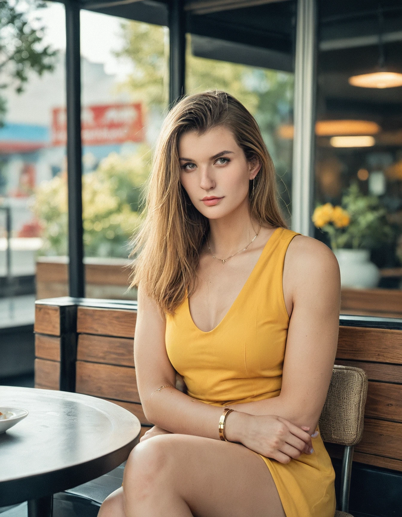 PonyScores, 1girl, yellow sundress, solo, looking at viewer, bracelet, long hair, sleeveless, looking at viewer, jewelry, from front, restaurant background, sitting, <lora:miamal3n0-000006:0.85>, [[lipstick]]