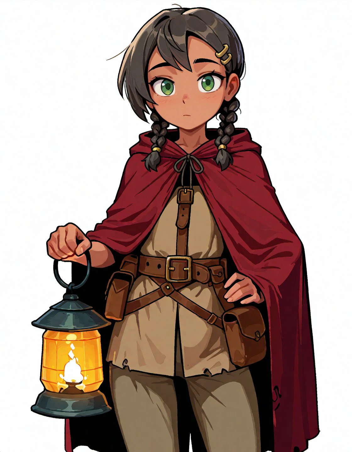 masterpiece, best quality, amazing quality, very aesthetic, high resolution, <lora:lona_falldin_character_v2_illustrious_epoch_8:0.9>, pixelated, jaggy lines,
char-lona, 1girl, dark-skinned female, solo, braid, lantern, twin braids, belt, holding, hair ornament, hairclip, holding lantern, white background, cape, black hair, green eyes, looking at viewer, pouch, cloak, belt pouch,