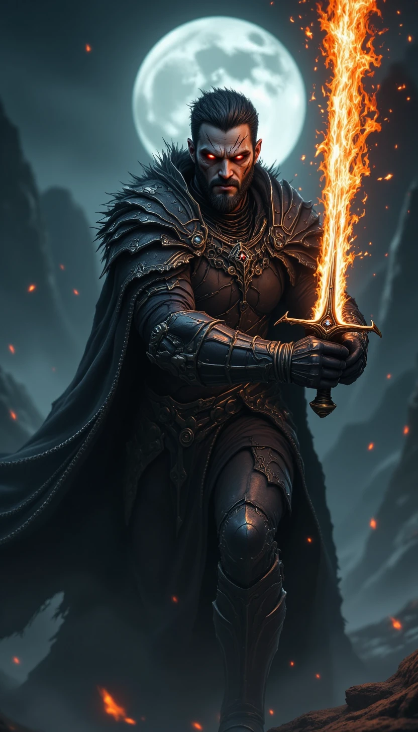 pinkfluxproultrafantasia,
A stoic man with glowing red eyes and blackened armor, wielding a sword engulfed in shadow flames. His scarred face glows faintly under the eerie light of a full moon.