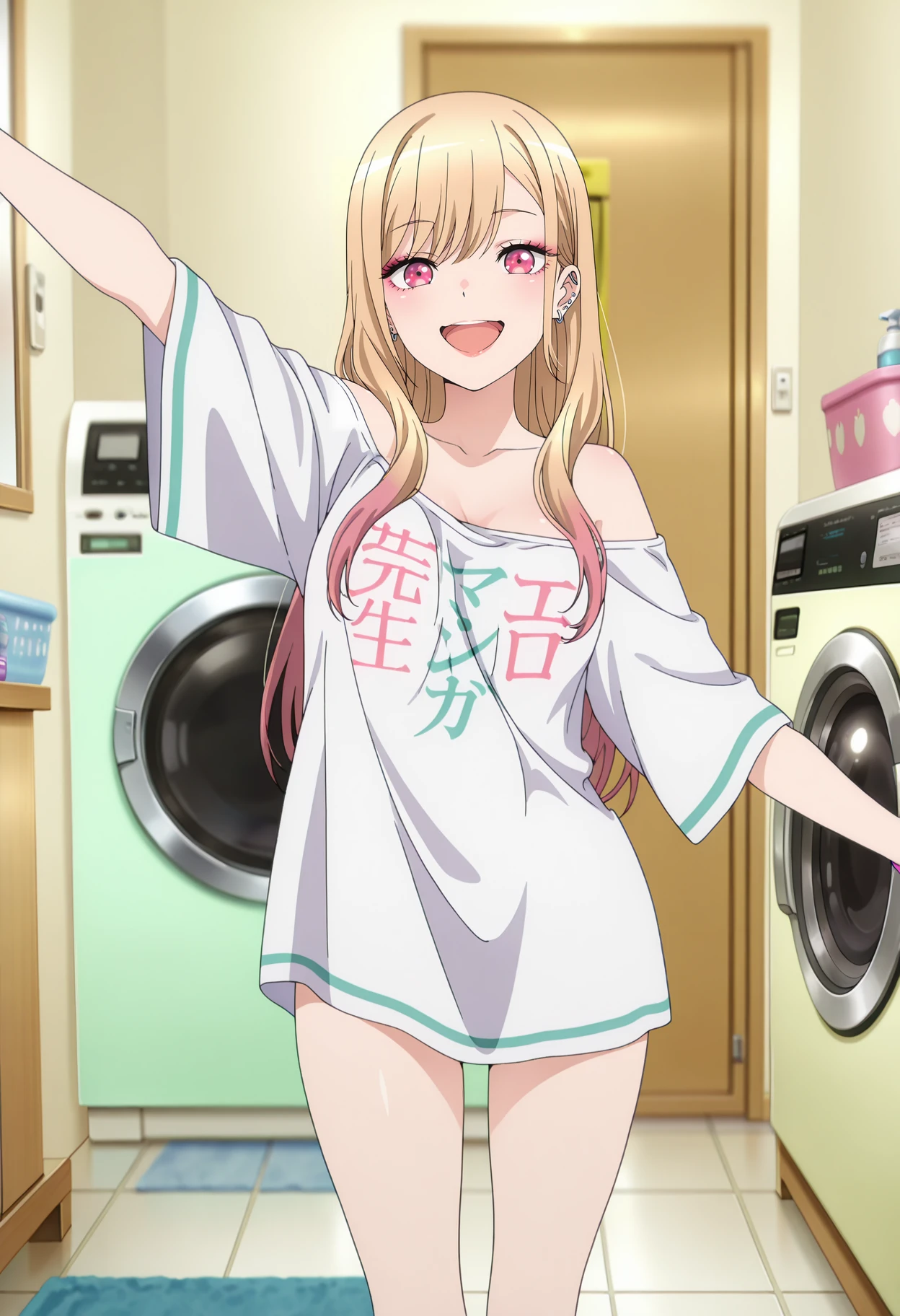 anime screencap, masterpiece, best quality,
<lora:SonoBisqueDoll_KitagawaMarin_IlluXL:0.9>,
<lora:Concept_EromangaSensei_SagiriShirt_IlluXL:0.8>,
1girl, solo, open mouth, smile, happy,
long hair, swept bangs, multicolored hair, blonde hair, pink hair, multicolored eyes, ear piercing, earrings, pink nails, lips, makeup,
SagiriShirt, clothes writing, off-shoulder shirt, long shirt, white shirt, short sleeves, wide sleeves, bare legs,
arm up, medium breasts,
standing, looking at viewer, thighs,
blurry background, indoors, bathroom, washing machine, tile floor