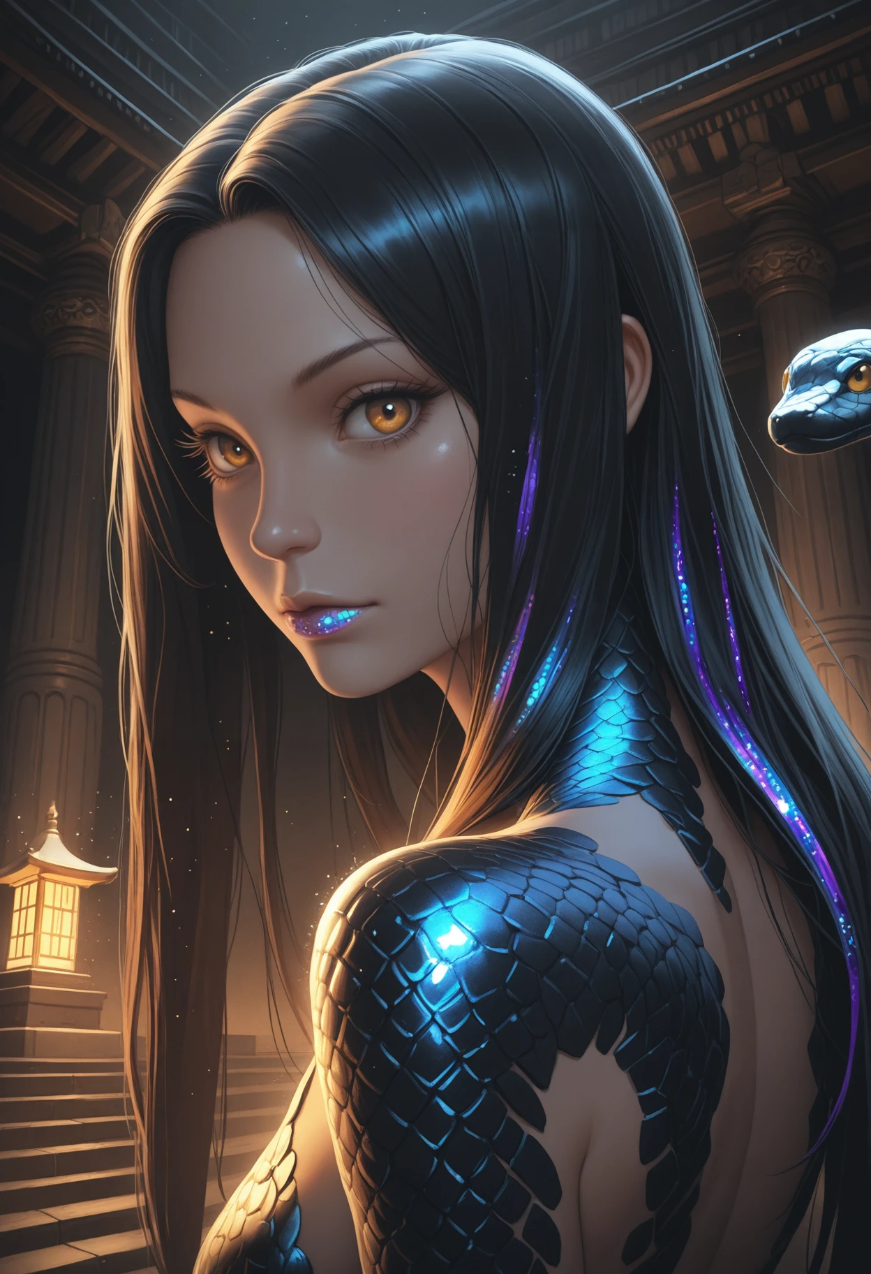 realistic, snksymbss, orange style overlay, back light, glossy glitter lips, snake scales, detailed eyes, eyelashes,<lora:snakesymbiosis:0.7>, masterpiece, best quality, 1girl, face, portrait, looking at viewer, closed mouth, dynamic motion, cheeky, model posing, futuristic, mysterious, dark, shadows, temple, mystical dress, floating, from below, long hair, extreme long hair