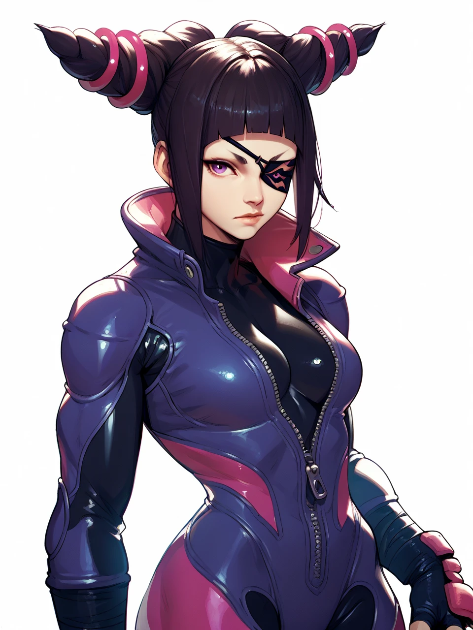 <lora:SF_JuriC2-PONY:0.8> 1girl, solo, cowboy shot, white background, sf6juric2, hair horns, blunt bangs, purple eye, eyepatch, bodysuit, bikesuit, zipper, fingerless gloves, looking at viewer, score_8_up, score_7_up, score_6_up, score_5_up, score_4_up,
