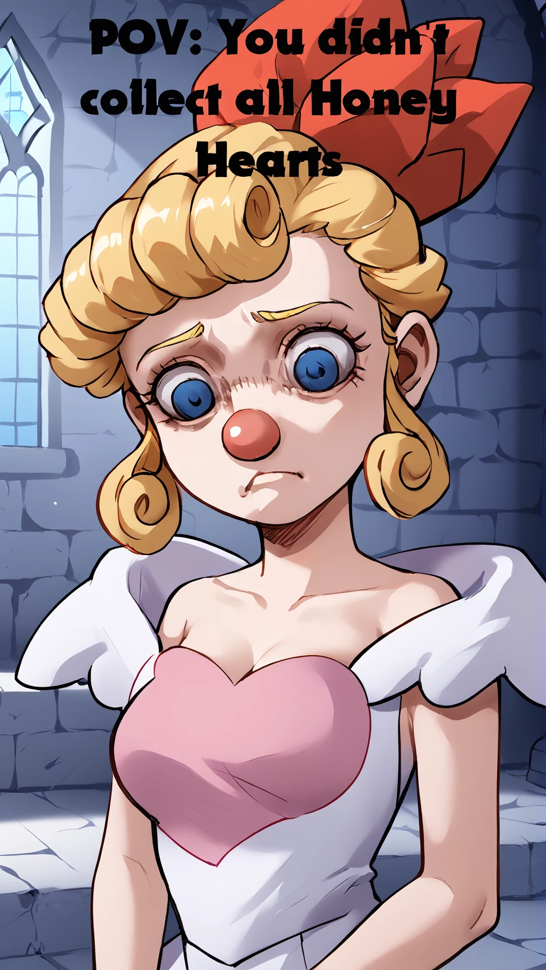 <lora:Kid_Klown_Princess_Honey:1> kk-princesshoney, blonde hair, clown nose, blonde hair, no mouth, medium breasts, <lora:YelenaFaceParody_pdxl_Incrs_v1:0.8> YelenaFacePrdy, shaded face, closed mouth, indoors, castle, brick wall, text, " POV: You didn't collect all Honey Hearts", score 9, score 8 up, score 7 up, score 6 up, score 5 up, score 4 up,