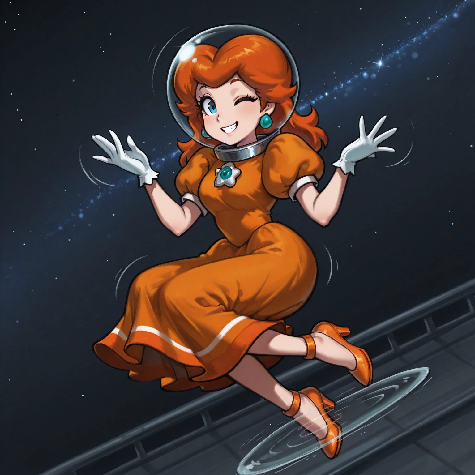 score_9, score_8_up, score_7_up, airbrush \(medium\), solo, female focus, best quality, princess daisy (wearing head-sized tinted space helmet, glass helmet overlapping head, glass helmet overlapping chin, glass helmet overlapping hair, glass helmet overlapping neck), metal collar, neck, blue eyes,
BREAK
orange hair|brown hair, medium hair, orange dress, puffy short sleeves, white gloves, outer space, star \(sky\),
BREAK
smile, looking at viewer, one eye closed, full body, orange heels floating, zero gravity, hands on helmet, fogging glass