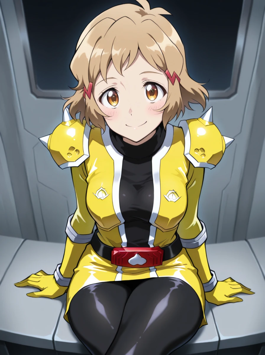 masterpiece, best quality, amazing quality, very aesthetic, absurdres, newest,anime screenshot
<lora:OniSisterILLUS:1> solo  onisister, , belt, tokusatsu, ,, armor, bodysuit,   yellow miniskirt, black pants,  <lora:TachibanaHibikiIlus:0.8>tachibanahibiki, 1girl, short hair, solo, hair ornament, brown hair, hairclip brown eyes,  smile, looking at viewer, thick thighs,  black_turtleneck sitting crossed legs,