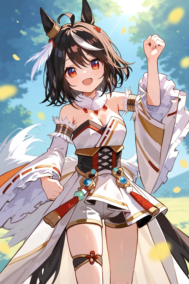 score_9, score_8_up, score_7_up, rating_safe, masterpiece, best quality, absurdres, unity 8k wallpaper, official art, official style, source_anime,
kitasan black \(umamusume\), 1girl, horse ears, full body, horse tail, white frilled detached wide sleeves, arm up, looking at viewer, smile, cleavage, hand on own hip, armpits, clenched hand, bare shoulders, open mouth, medium hair, :d, standing, legs apart, okobo, jubilant star auspicious crane, white tabi, white fur collar, armlet, white strapless japanese dress, ear ornament,parallel thigh strap,white shorts, shorts under dress
big smile,open mouth, cowboy shot,
light rays,lens flare,light particles,outdoors
<lora:pony_kitasan_black_v1.0:0.85>
