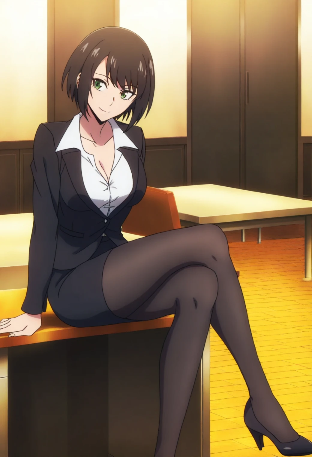 <lora:Song-Yi Han - [Solo Leveling] - illustriousXL v1:1>, sysdeep_songyi, black hair, short hair, green eyes, anime coloring, 1girl, solo, office setting, unbuttoned blouse, pencil skirt, sitting on desk, seductive gaze, crossed legs, high heels