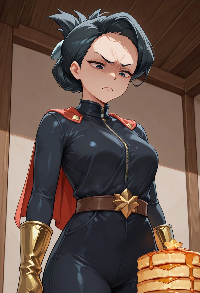 1girl, solo, dtamer, black hair, hair bun, black spandex, gold gloves, red cape, belt,
Looking down, frown, disgust,
maple syrup, pancake stack,
masterpiece, best quality, amazing quality, freebos_smoothiestyle