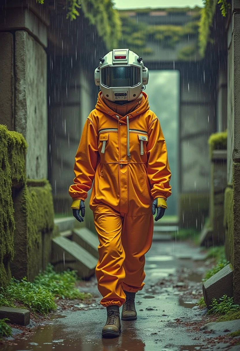 yfg-cehda walking around ancient mossy temple, raining, water dripping off the stones, orange hazmat suit, latex, medium breasts, source_anime,