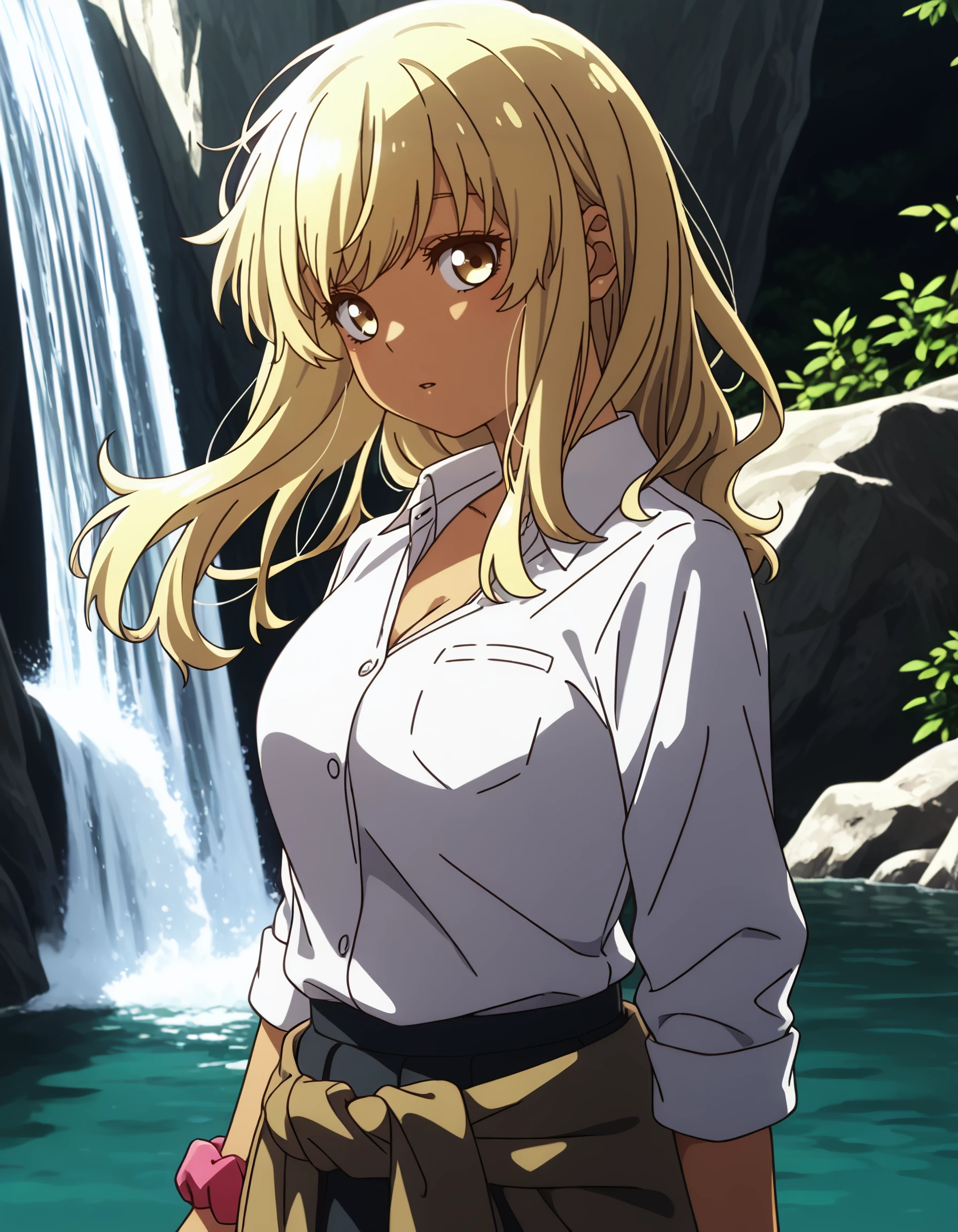 <lora:kana_higa_IL:1> rating:safe, kana_higa, long_hair, blonde_hair, yellow_eyes, brown_eyes, dark-skinned_female, school_uniform, collared_shirt, breasts, cleavage, white_shirt, wrist_scrunchie sleeves_rolled_up, wrist_scrunchie, pleated_skirt, clothes_around_waist, 1girl, eyelashes, from_side, jewelry, looking_at_viewer, looking_to_the_side, outdoors, parted_lips, seal_impression, solo, upper_body, water, waterfall, shadow, contrast, glow, masterpiece, detailed, best_quality