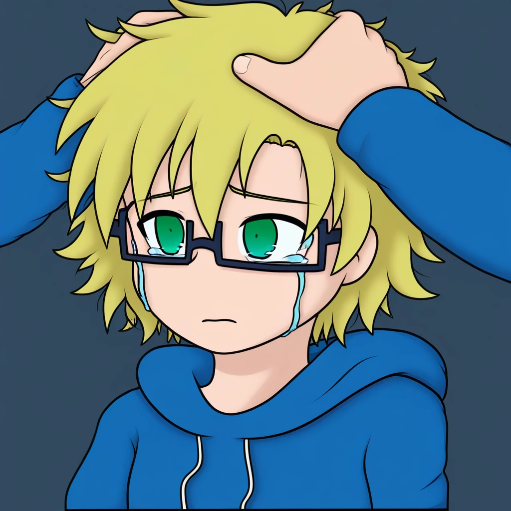 Blonde, Black eyewear, blue hoodie, green eyes, short hair, messy hair, sad, crying, sitting, hands on head