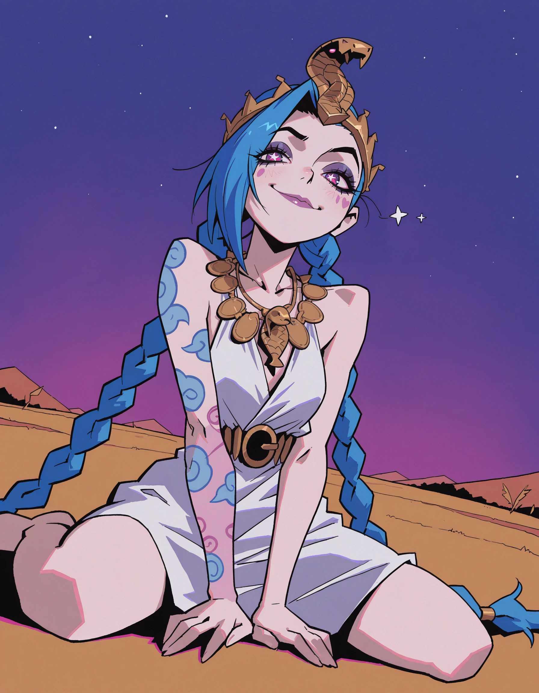 ilya kuvshinov, 1girl, solo, Jinx \(League of Legends\), pondering, starry eyes, sn3k, gold cobra headpiece, looking at viewer, smug, white dress, gold trim, standing, outdoors, dutch angle, snake necklace, jewelry, (egyptian makeup) masterpiece, very aesthetic, best quality, <lora:CleoHeadpiecev2-ILXL2025-01-13_23-53-04-save-210-42-0:1>, wariza <lora:Style_shiiro-Ohuton-ILXL:0.9> 0huton_illu style
